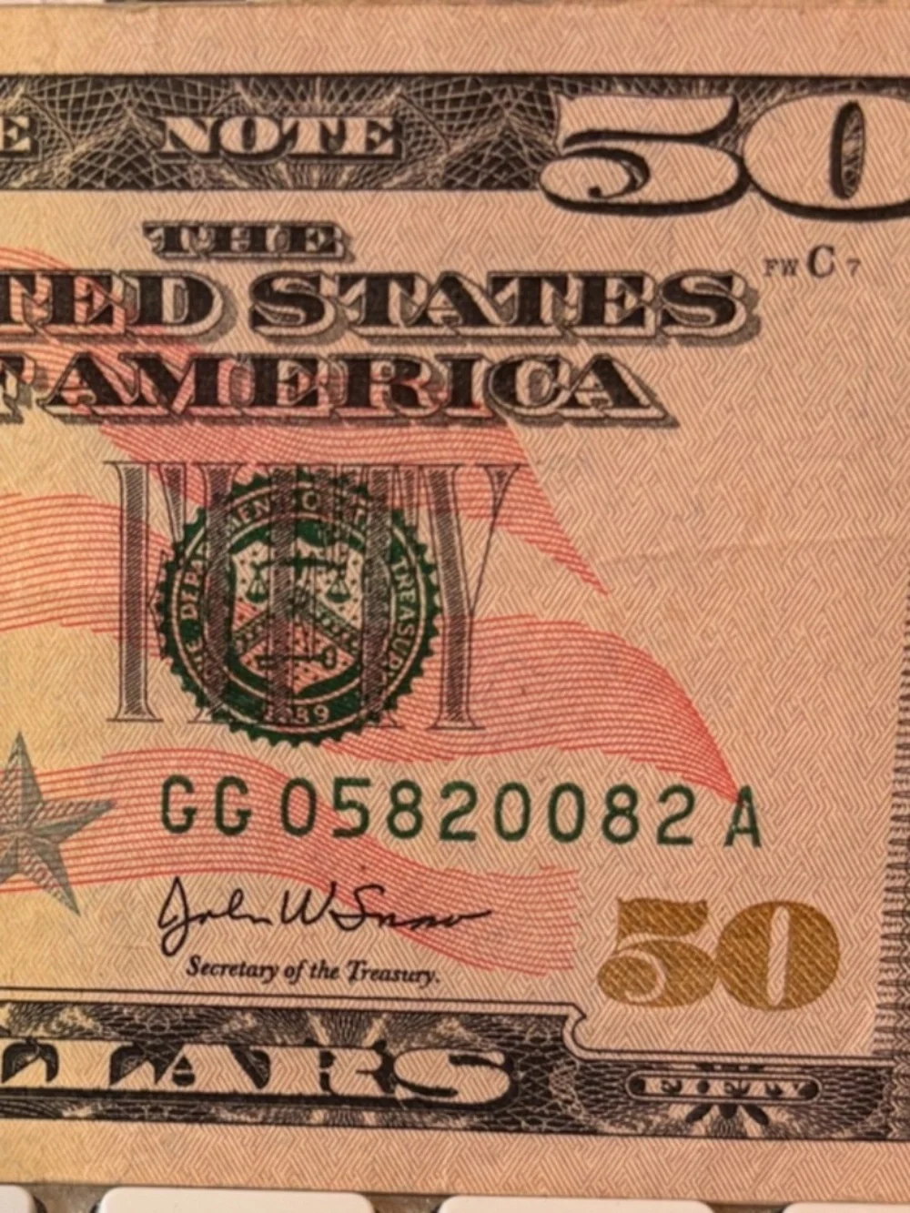 $50 Bill 2004 Slight Tear Low # Gg 05820082 A #206529475118